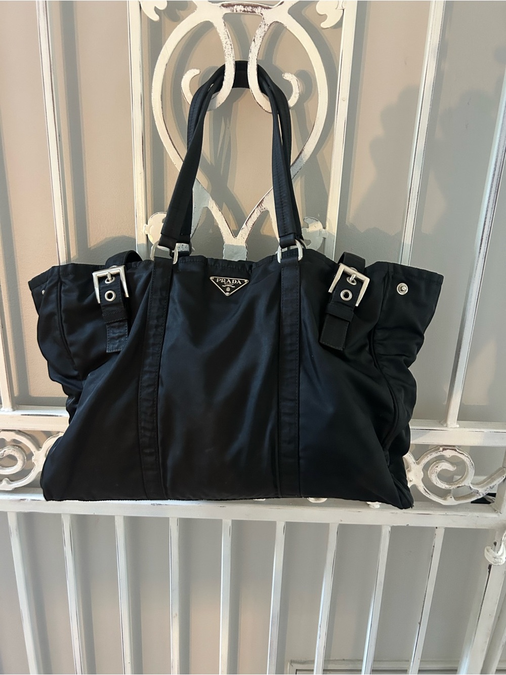 Vintage Prada Tessuto Nylon Belt Tote Bag Black Silver Hardware Italy w/ COA - Picture 3 of 16